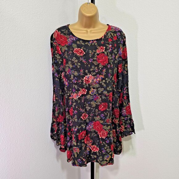 Dark Floral Open Back Top Womens Lge Flare Sleeve Fairy Grunge Moody Cottagegoth - Picture 1 of 7